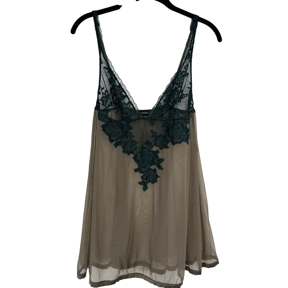 La Perla Lace Mesh Babydoll Chemise Green Taupe Sheer Lingerie Luxury Medium
